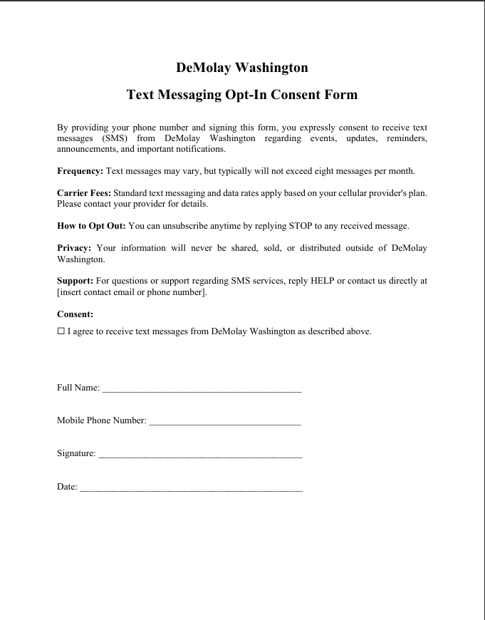 Preview of Text Message opt in.